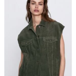 Zara Corduroy Vest Oversized Trucker Style Olive Green Women's Small